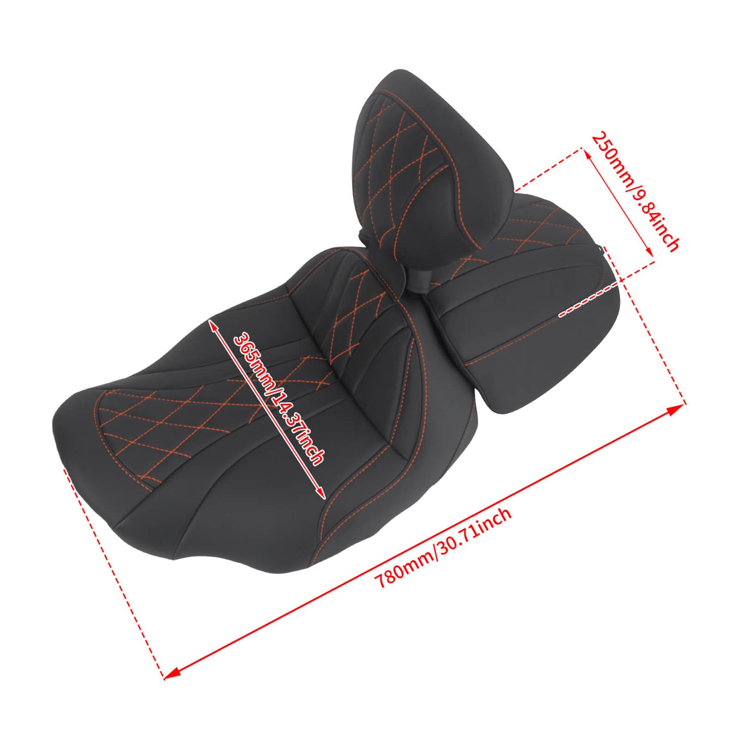 CB017405_HCmotorku_Two-up Seat W/Backrest Orange Stitching for Harley Touring Street Road Glide ‘23.5-Up Size