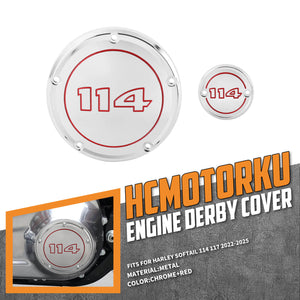 EN000404 HCmotorku CNC Chrome Derby Cover Timer Cover Engine Cover Red Characters for Harley Softail Street Bob Fat Bob Low Rider Fat Boy ‘22-’25 Detail