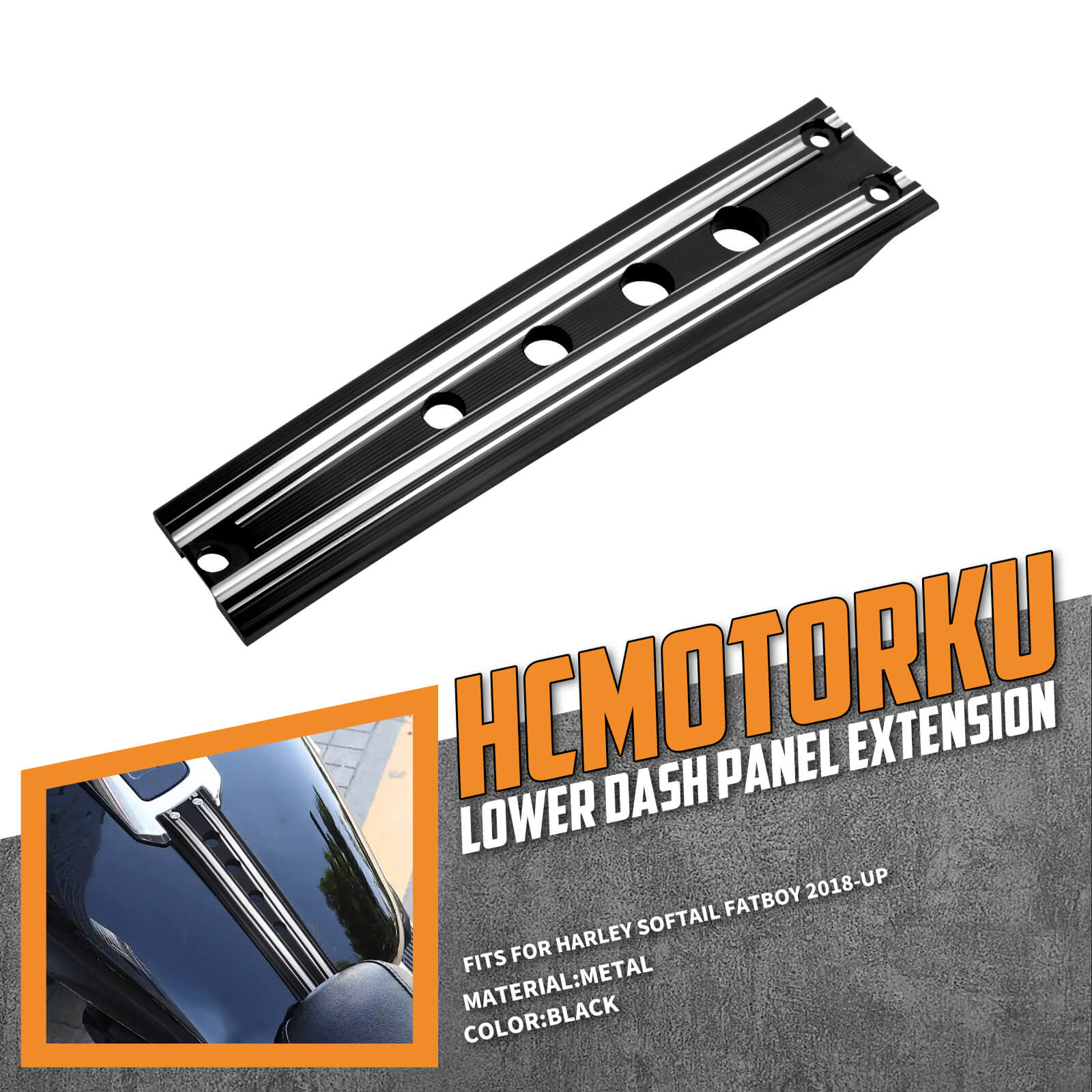 FR004001_HCmotorku_Black CNC Aluminum Lower Dash Panel Extension for Harley Softail Fat Boy ‘18-Up 