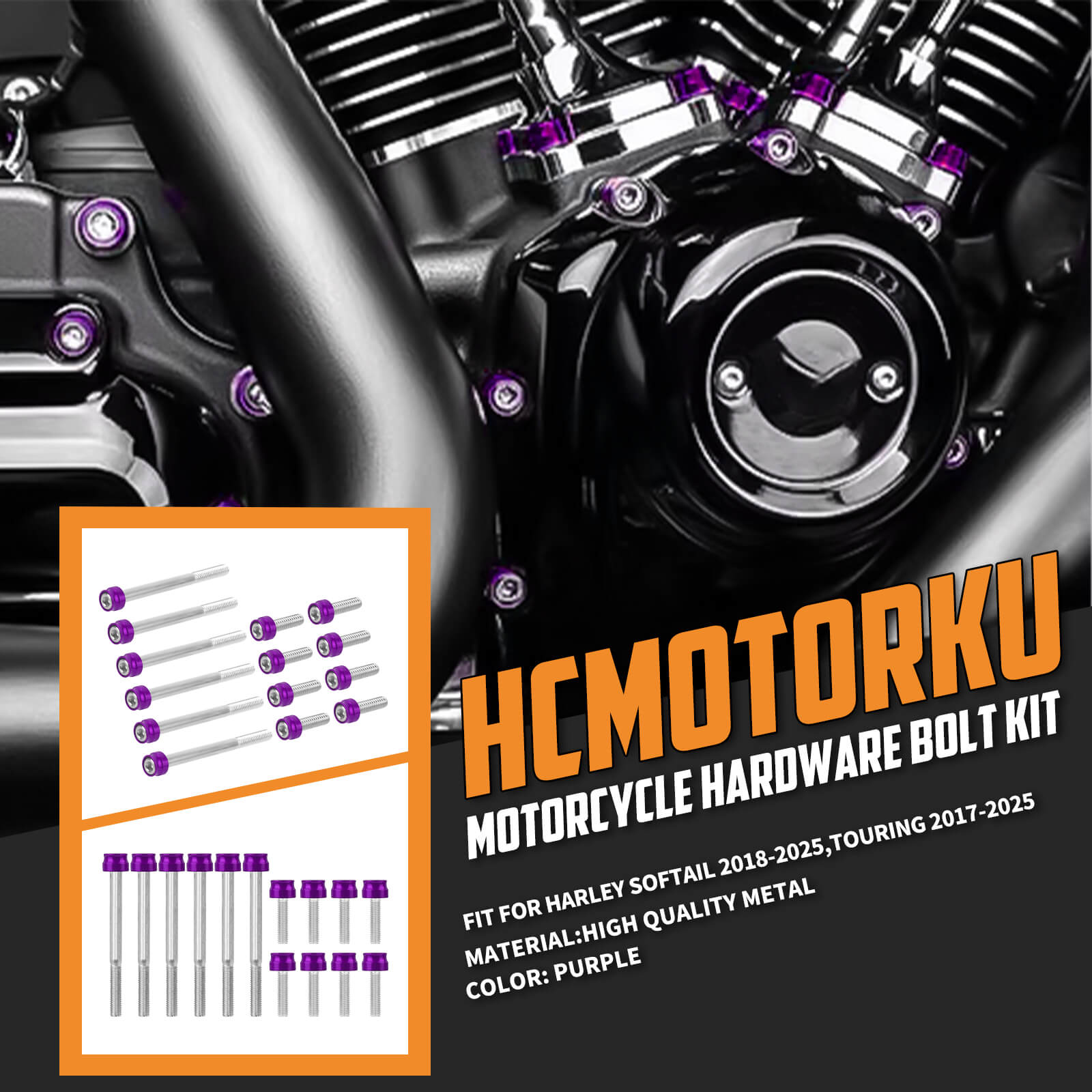 FR007906_HCmotorku_Anodized Aluminum Engine Screws Bolts Kit For Harley Softail '18-'25 Touring '17-'25 Purple