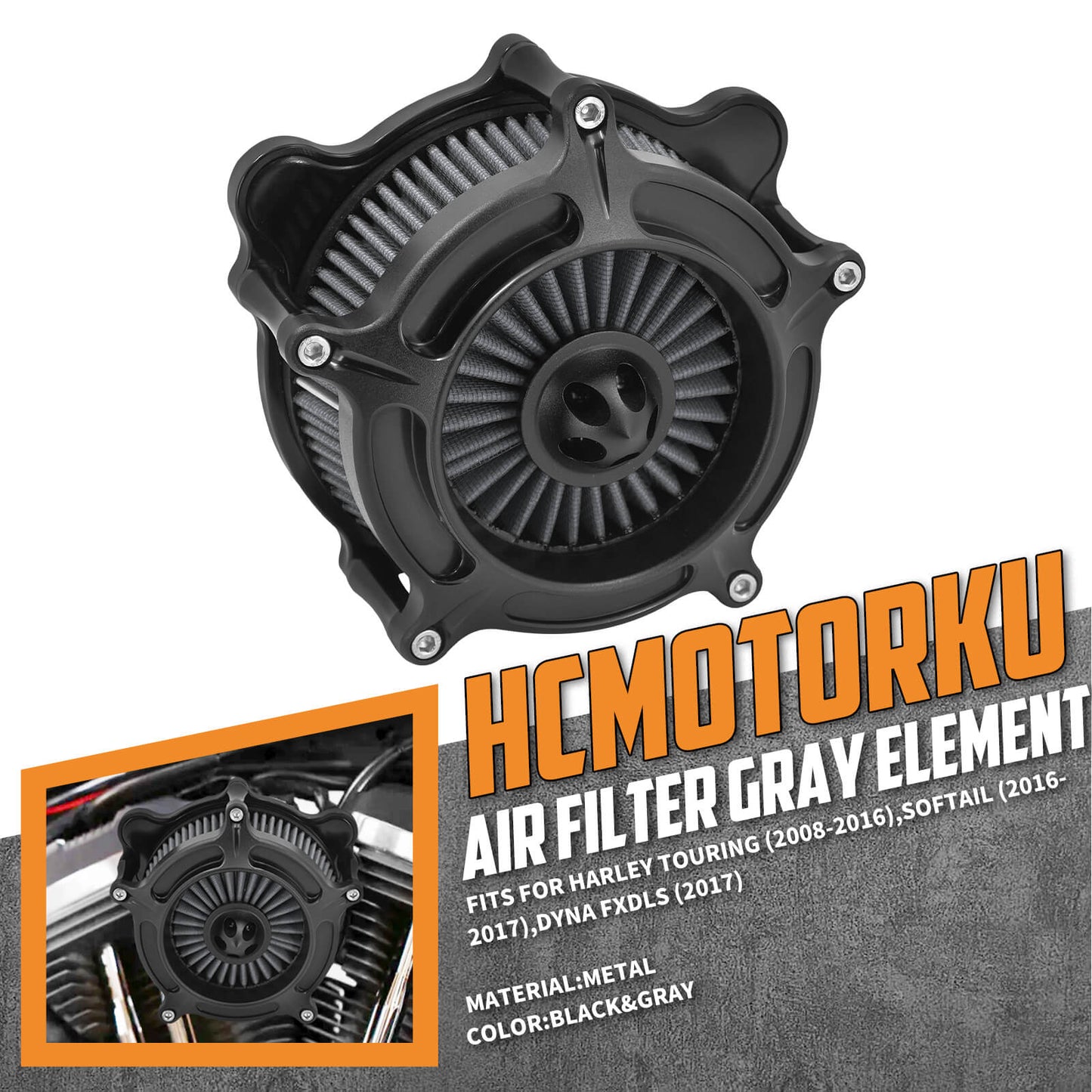 Turbine Air Cleaner Grey Intake Filter Black For Harley Touring '08-'16 Dyna '17 | HCmotorku