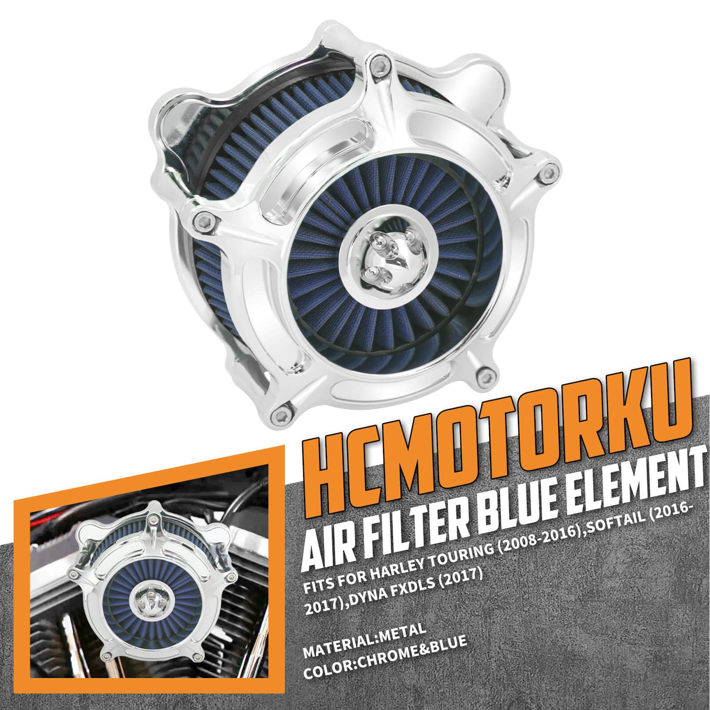 Turbine Air Filter Blue Intake Chrome For Harley Touring Road Street Glide 2008-2016 | HCmotorku