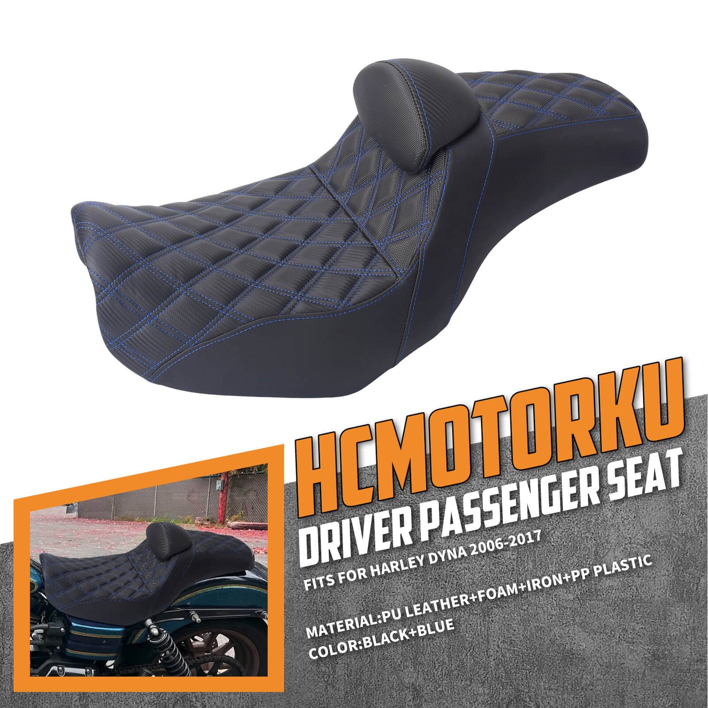 Two-Up Seat Rider Passenger Blue Line Fit For Harley Dyna 2006-2017 | HCmotorku