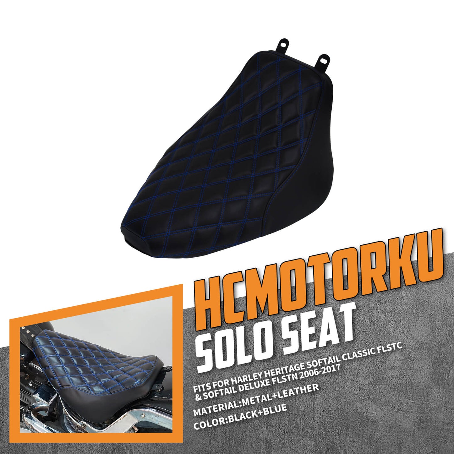 Solo Seat Cushion Blue line diamond Fit For Harley Heritage Softail Deluxe 2006-2017 | HCmotorku