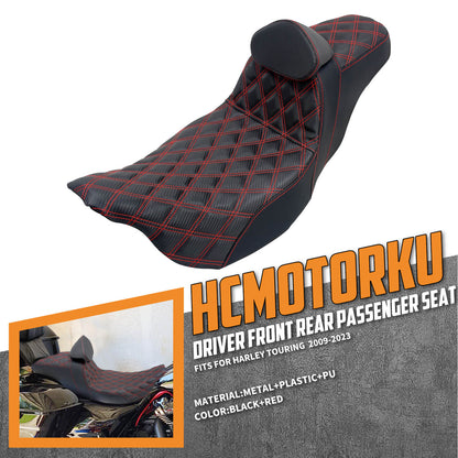 Passenger Driver Seat w/ Backrest Red Stitching For Harley Touring 2009-2023 | HCmotorku