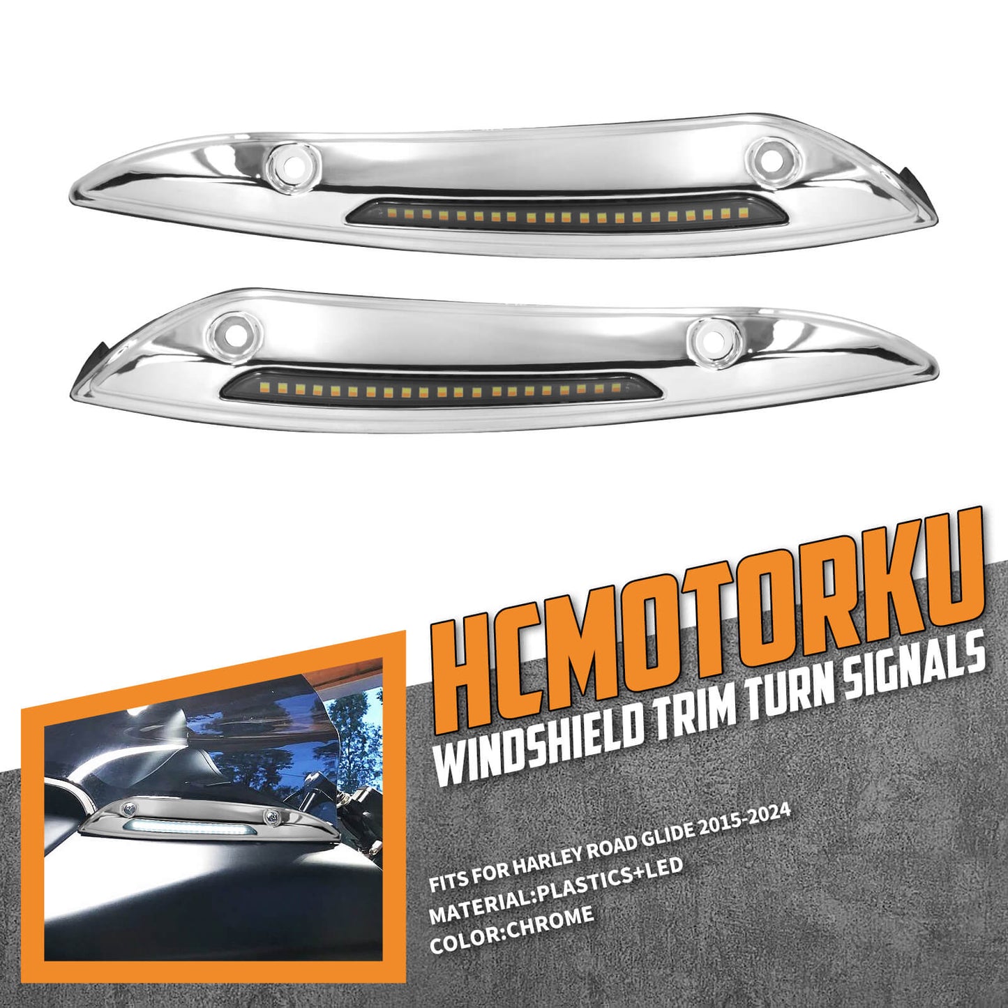 Windshield Trim Aluminum Turn Signals LED Light Chrome For Harley Road Glide 2015-UP | HCmotorku