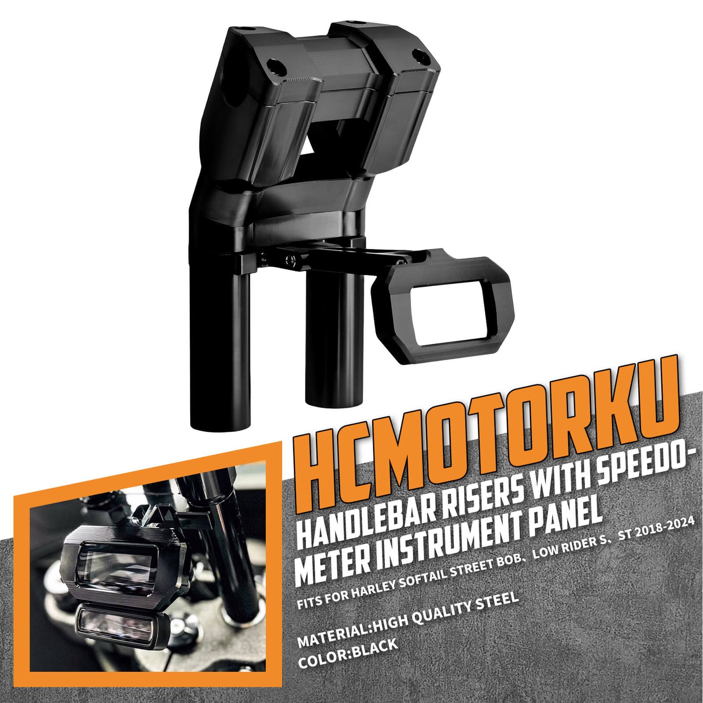 IN000101 HCmotorku Black 8” Handlebar Riser with Speedmeter Instrument Panel for Harley Softail ‘18-’24 Street Bob Low Rider