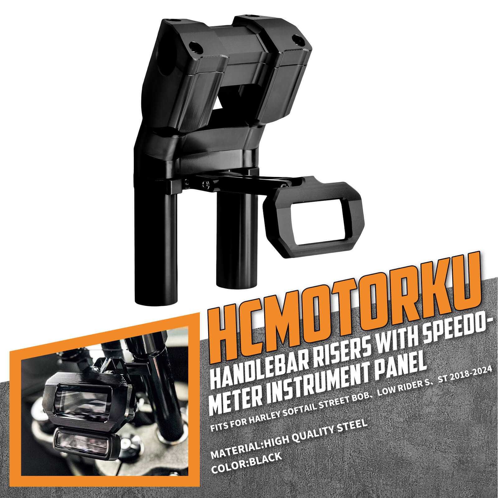 IN000101 HCmotorku Black 8” Handlebar Riser with Speedmeter Instrument Panel for Harley Softail ‘18-’24 Street Bob Low Rider