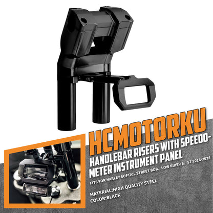 IN000101 HCmotorku Black 8” Handlebar Riser with Speedmeter Instrument Panel for Harley Softail ‘18-’24 Street Bob Low Rider