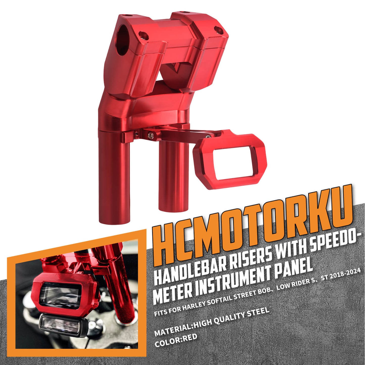 IN000102 HCmotorku Red 8” Handlebar Riser with Speedmeter Instrument Panel for Harley Softail ‘18-’24 Street Bob Low Rider