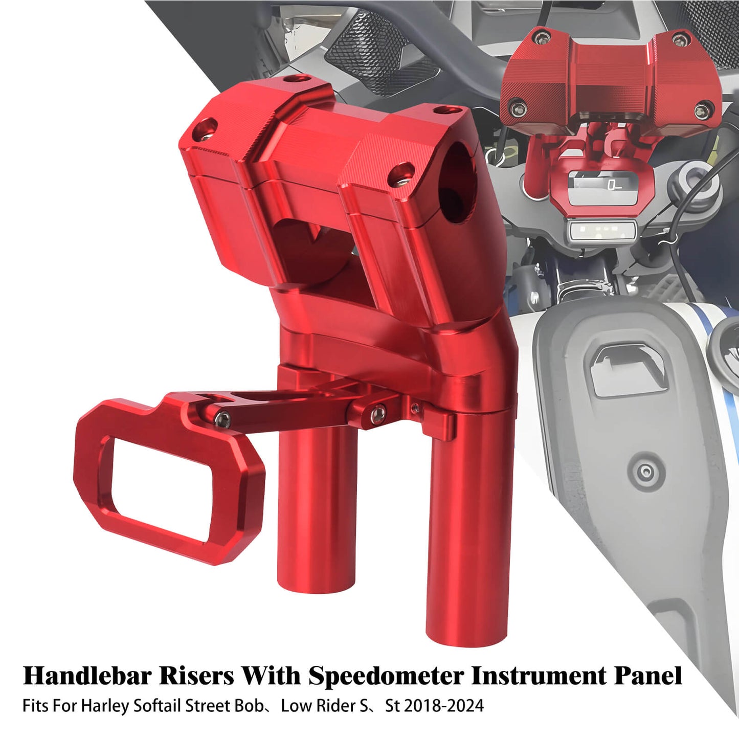 IN000102 HCmotorku Red 8” Handlebar Riser with Speedmeter Instrument Panel for Harley Softail ‘18-’24 Street Bob Low Rider
