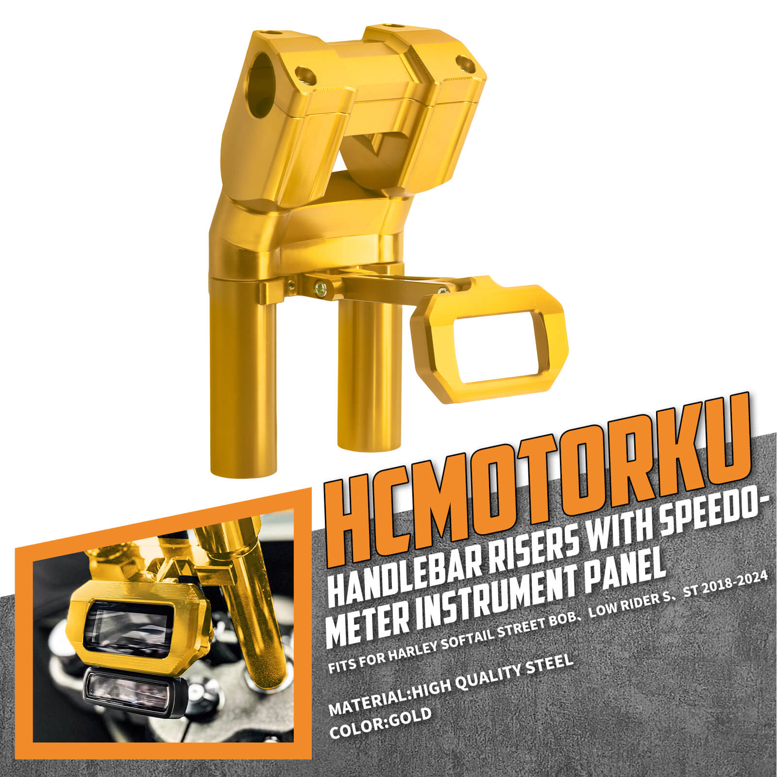 IN000103 HCmotorku Gold 8” Handlebar Riser with Speedmeter Instrument Panel for Harley Softail ‘18-’24 Street Bob Low Rider