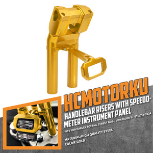 IN000106 HCmotorku Gold 10” Handlebar Riser with Speedmeter Instrument Panel for Harley Softail ‘18-’24 Street Bob Low Rider