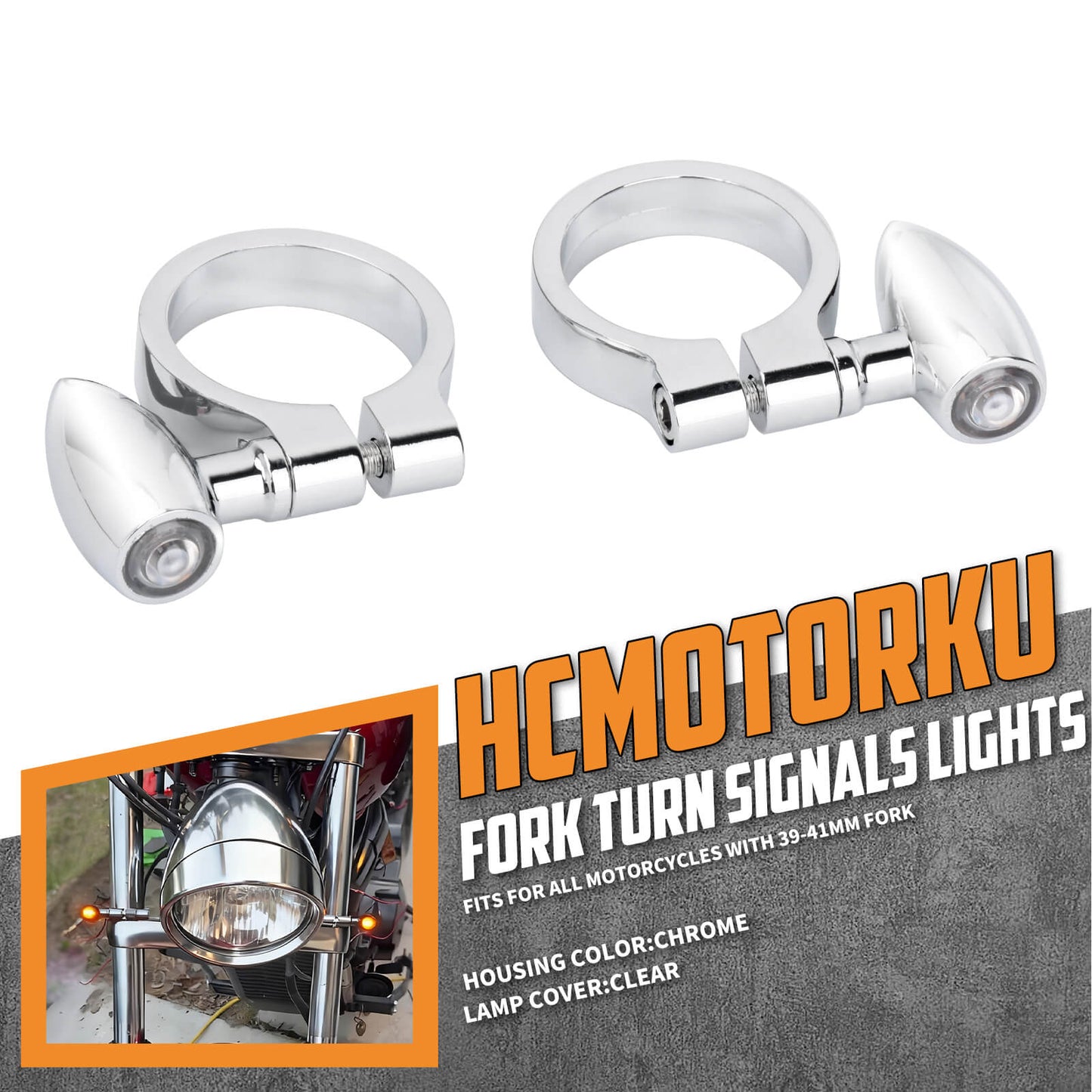 LA030601 HCmotorku Low-Profile LED Front Fork Tube Turn Signals for Harley Honda Yamaha Chrome