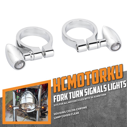 LA030601 HCmotorku Low-Profile LED Front Fork Tube Turn Signals for Harley Honda Yamaha Chrome