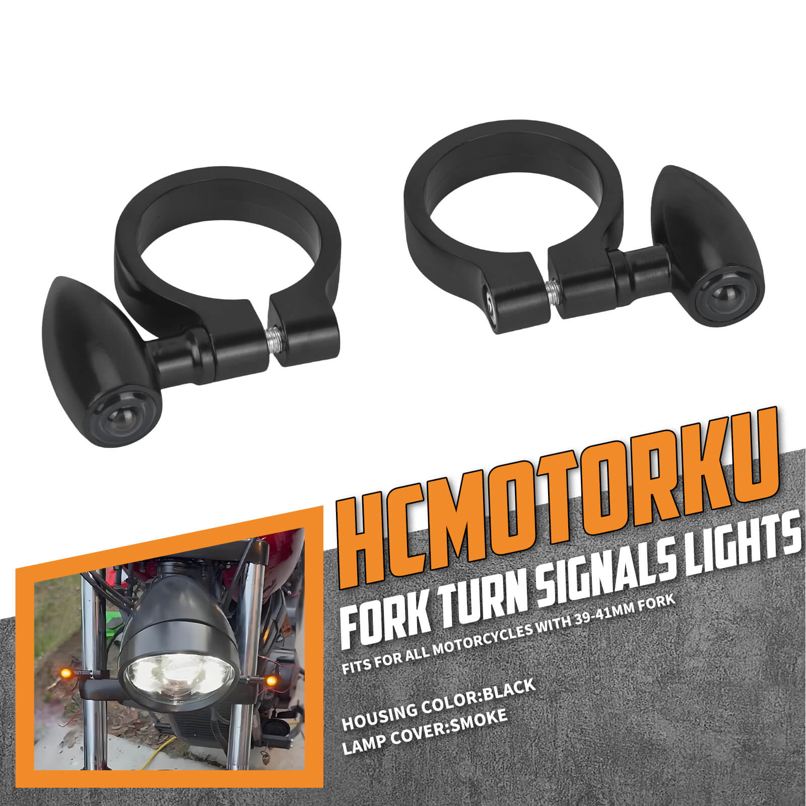 LA030602 HCmotorku Low-Profile LED Front Fork Tube Turn Signals for Harley Honda Yamaha Black