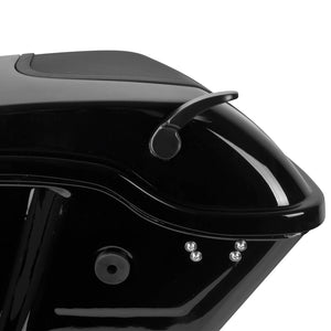 LU000803 hcmotorku Gloss Black 5 Inch Stretched Saddlebags with Audio Lids for harley touring - details