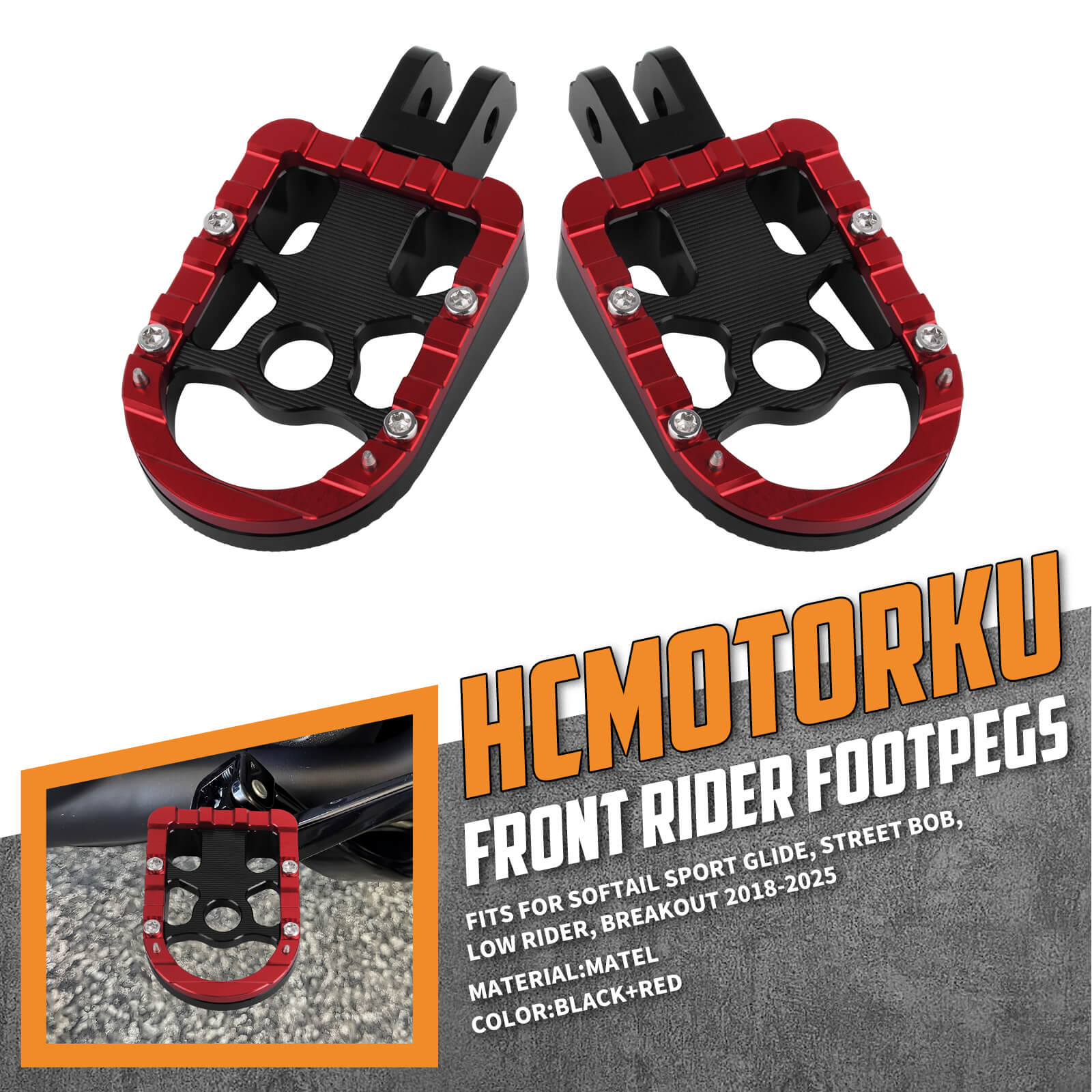 PE17902 HCmotorku Red Rider Footpegs Footboards for Harley Softail  ’18-up low rider