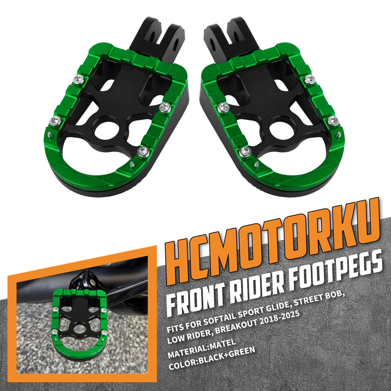 PE17905 HCmotorku Green Rider Footpegs Footboards for Harley Softail Breakout Low Rider Street Bob