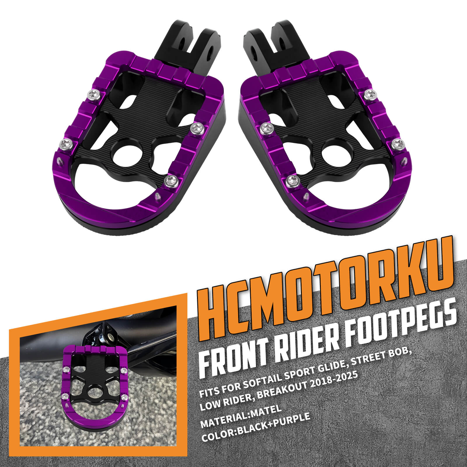 PE17906 HCmotorku Purple Rider Footpegs Footboards for Harley Softail Breakout Low Rider Street Bob