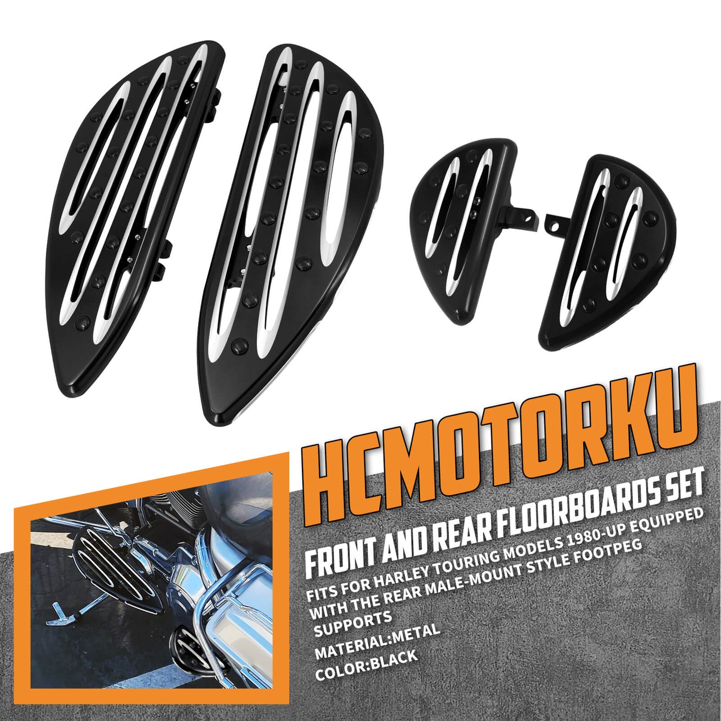 ZH000121 HCmotorku_ CNC Black Footboards Set Front Rear Floorboards for Harley Softail Touring