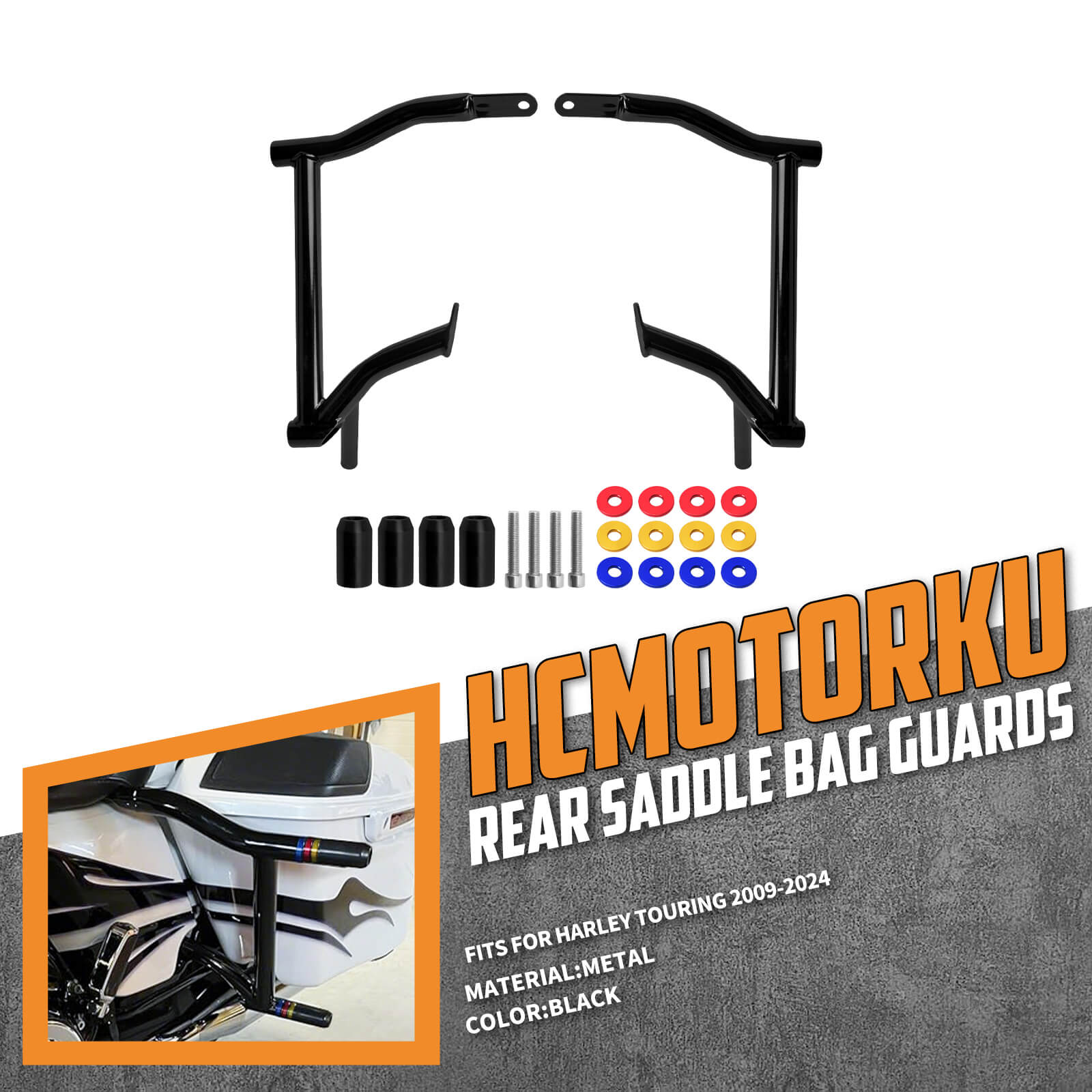 ZHBR0001_HCmotorku_Saddlebag Guard Crash Bar with Colorful Washers for Harley Touring ‘09-Up