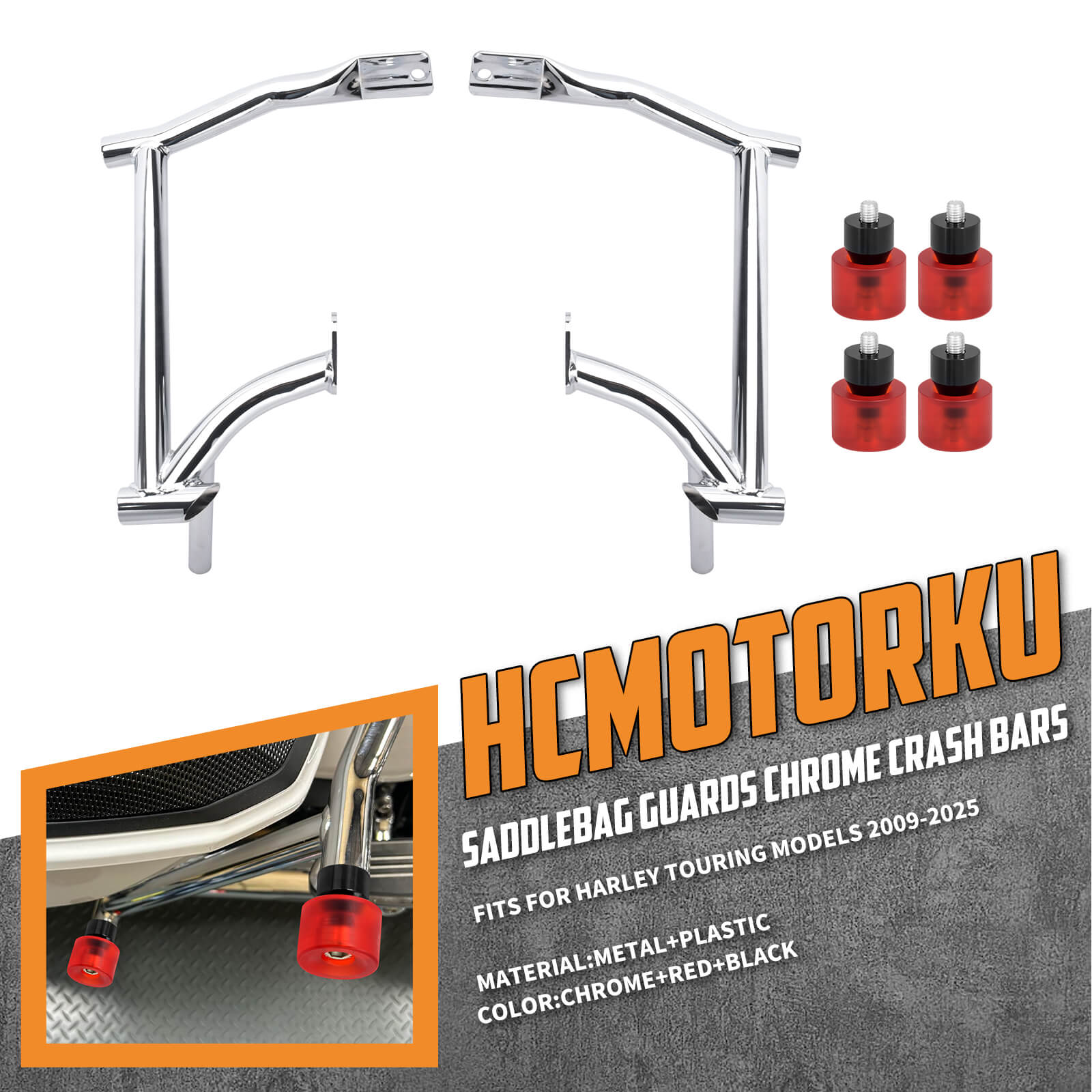 ZHFR0005_HCmotorku_Saddlebag Guard Crash Bar with Red Guard Balls for Harley Touring ‘09-Up