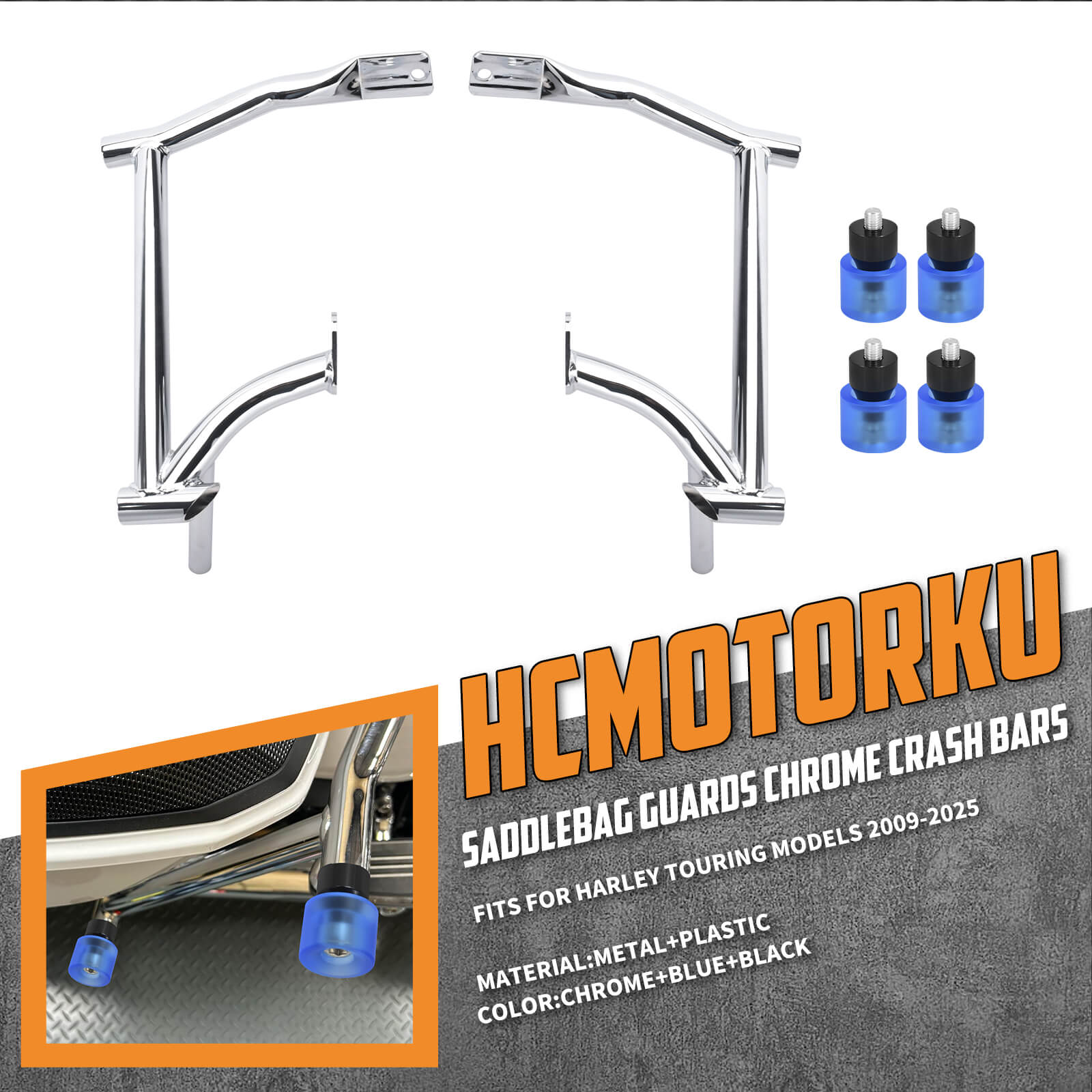ZHFR0006_HCmotorku_Saddlebag Guard Crash Bar with Blue Guard Balls for Harley Touring ‘09-Up