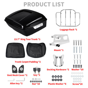 13.7" King Tour Trunk with Chrome Mounting Rack for 2014-2025 Harley Touring | HCmotorku